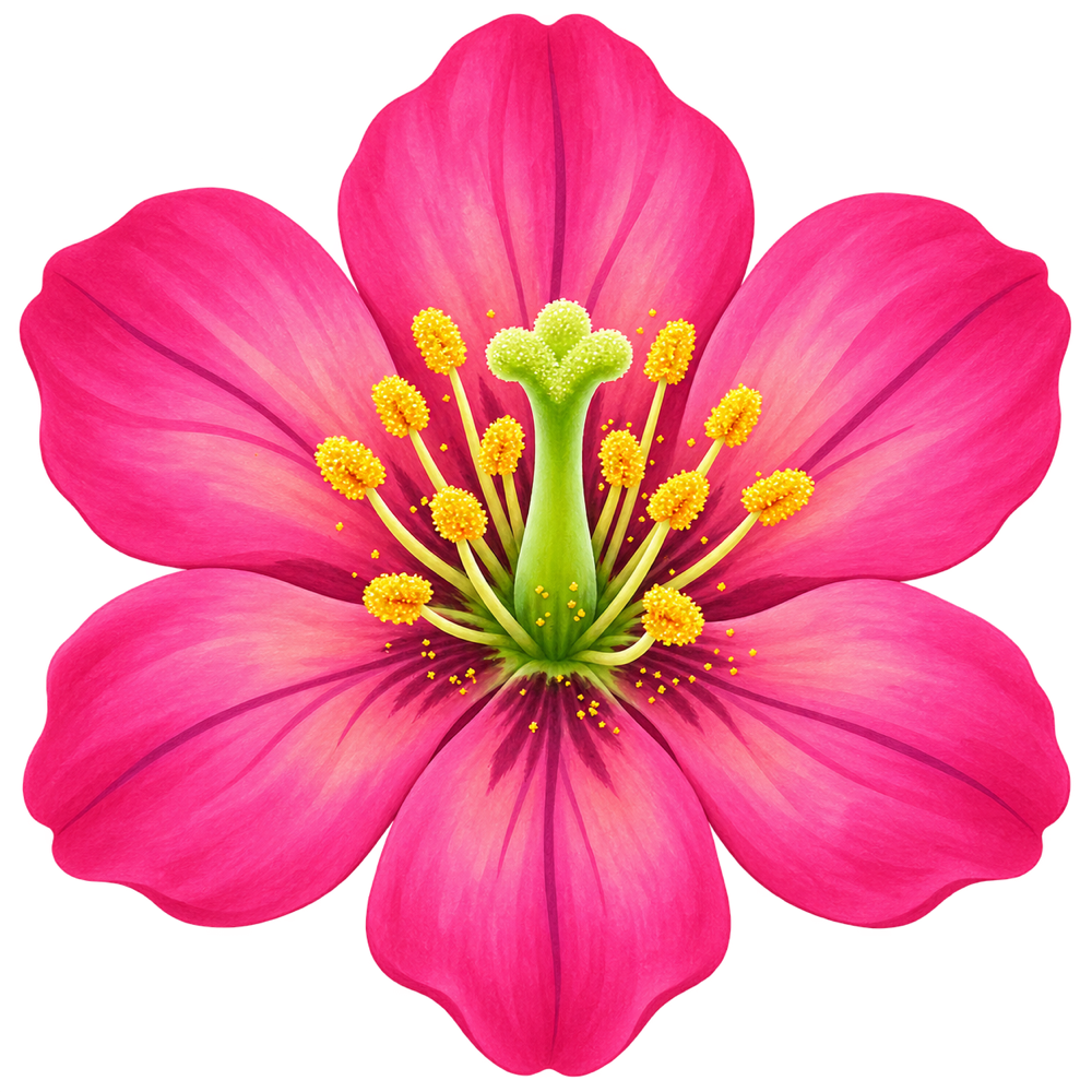 A pink flower with large petals, yellow pollen, and a green stigma in the centre